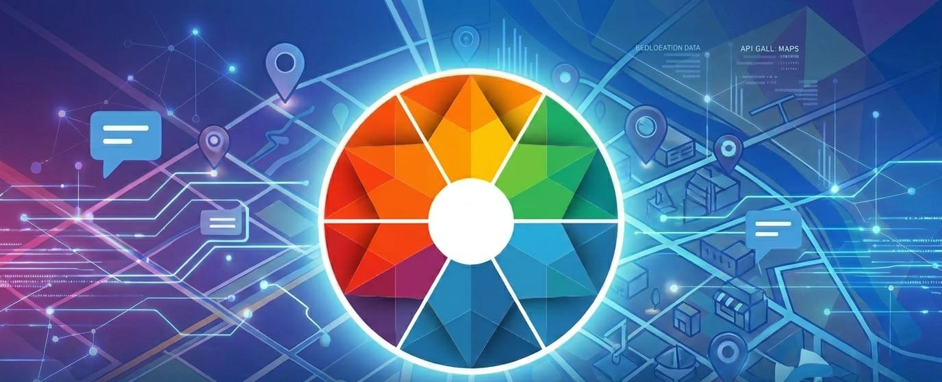 Kaleidr's colorful spoke emblem centered over a stylized map with AI chat bubbles and location pins.