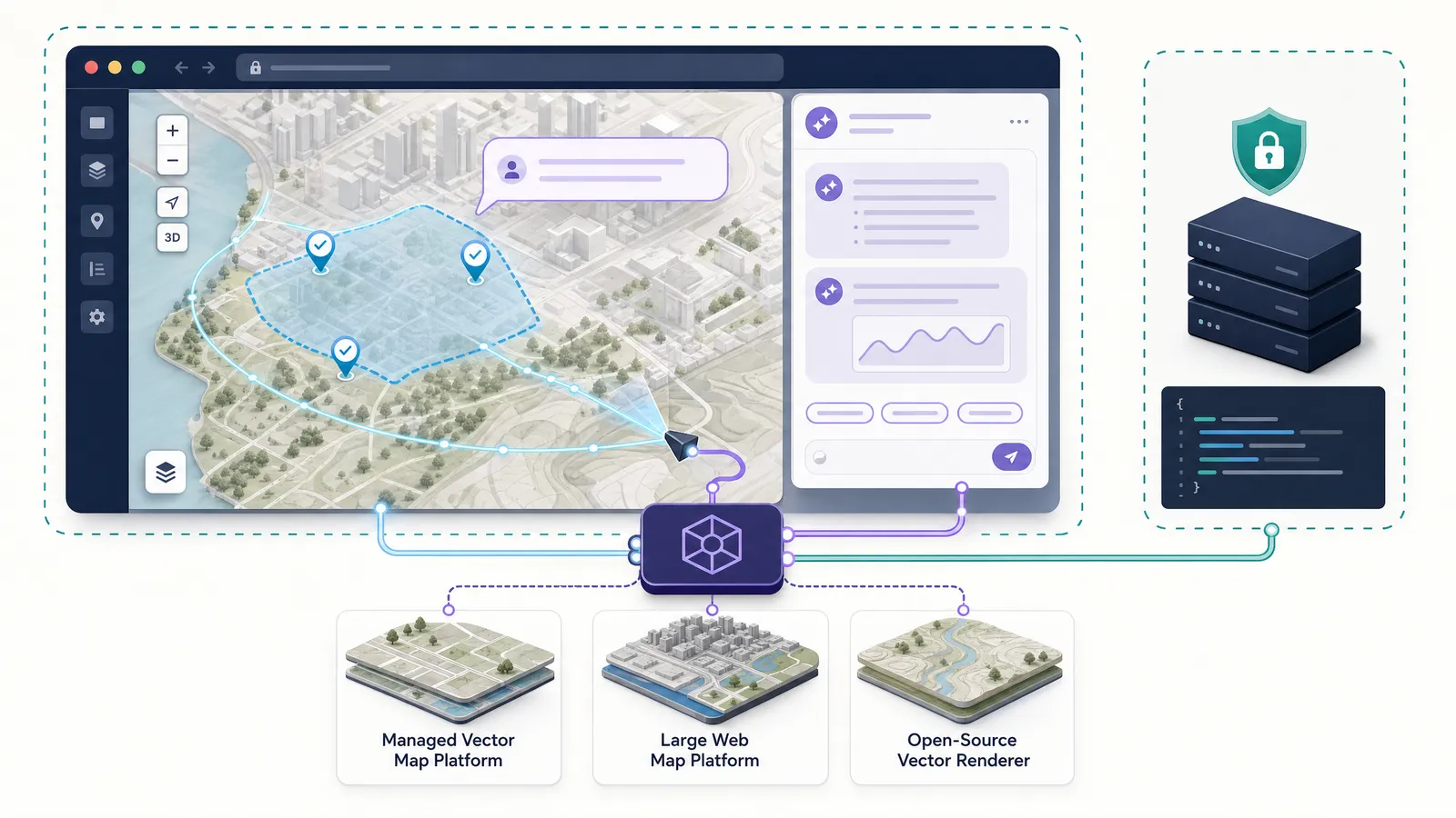 Kaleidr AI chat attached to a live web map through the Kaleidr SDK, with separate browser and backend security boundaries.