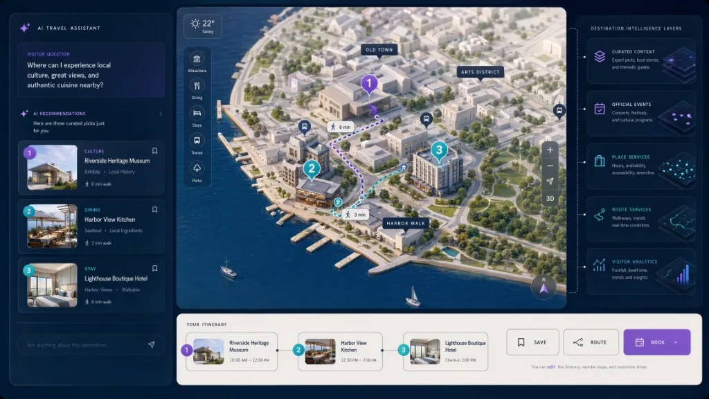 An AI tourism map combines curated destination places, conversational discovery, a walking route, and measurable visitor actions.