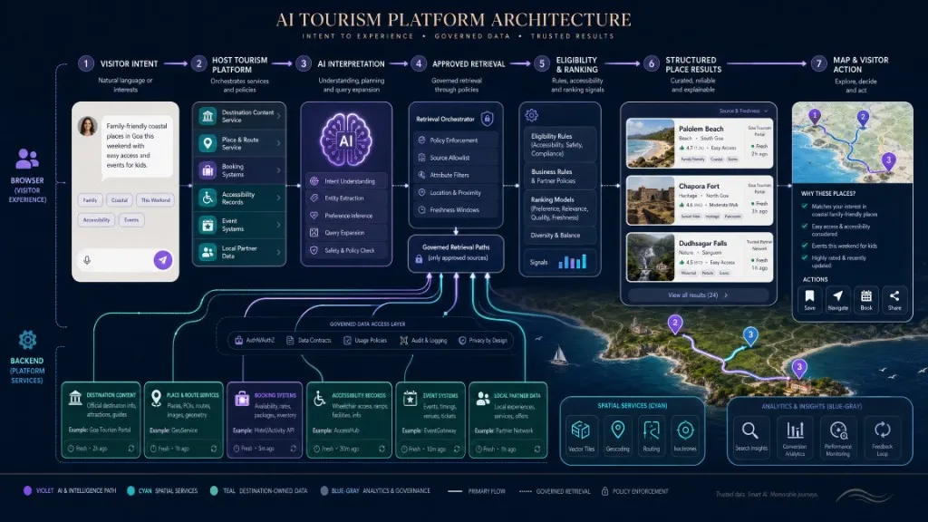 Layered tourism-map architecture showing visitor intent, approved retrieval, destination ranking, structured place results, and map actions.