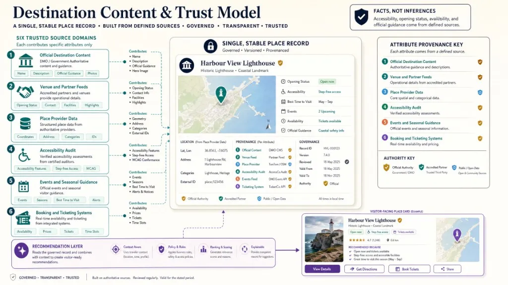 A governed tourism place record combines official destination content, public place data, accessibility, events, and booking information with source tracking.