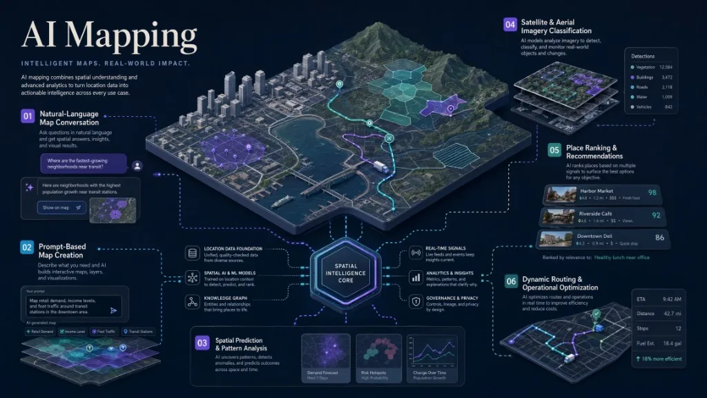 A layered AI mapping ecosystem combining conversational maps, AI-assisted creation, spatial analysis, imagery classification, place ranking, and operational routing.