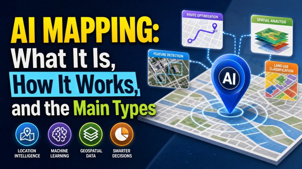 AI Mapping: What It Is, How It Works, and the Main Types, with an AI map pin, feature detection, route optimization, spatial analysis, and land-use classification.