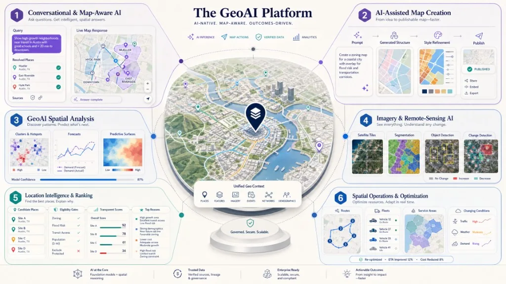 Six AI mapping categories: conversational maps, map creation, GeoAI analysis, imagery AI, location ranking, and spatial optimization.