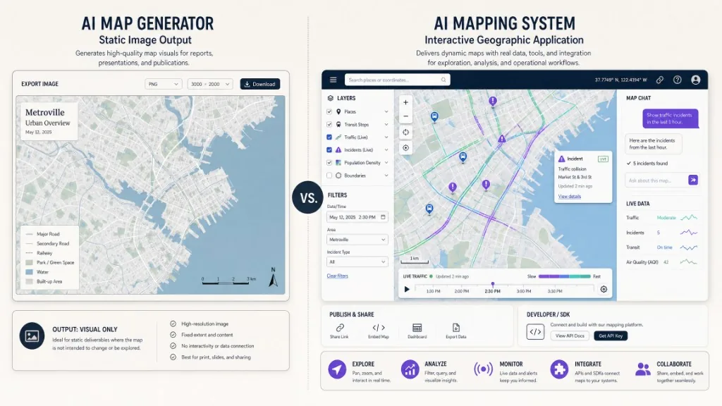 Comparison between a static AI-generated map image and an interactive AI map with geographic data, search, layers, chat, publishing, and embedding.
