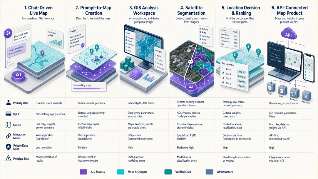 Neutral comparison of six AI mapping tool categories by user, input, output, integration, data needs, and risk.