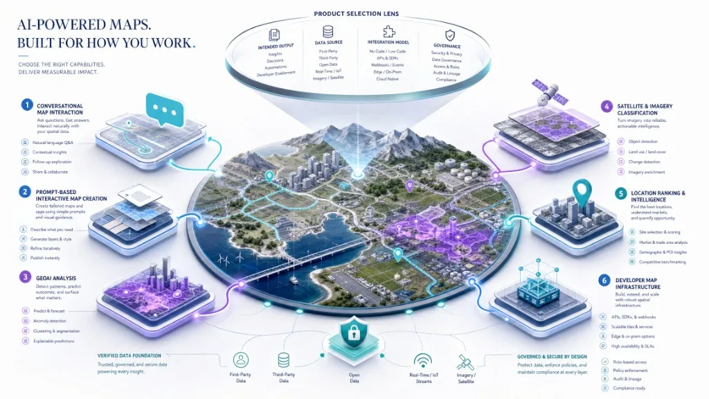 A decision landscape showing six categories of AI mapping tools connected to one central geographic workflow.