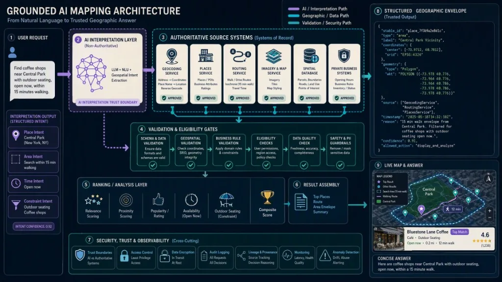 Grounded AI mapping architecture connecting user intent to approved data, validation, structured geographic results, and visible map actions.