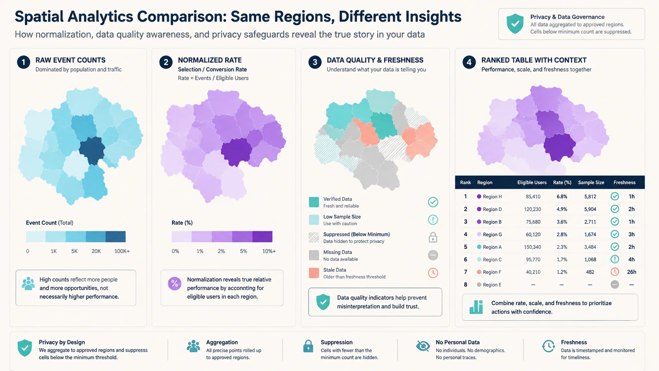 Four spatial reporting views comparing raw counts, normalized rates, missing and suppressed data, and an accessible table with sample size and freshness.