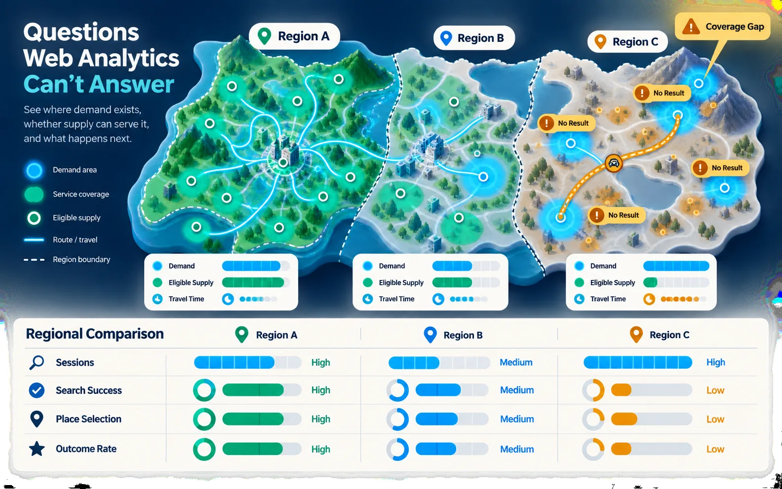 Three regions are compared by demand, eligible supply, no-result behavior, travel time, and outcome rates to reveal geographic product friction.