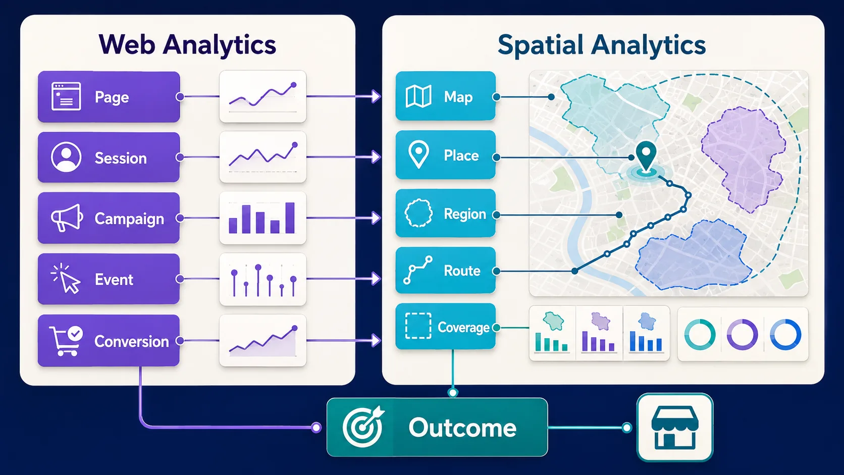 Web analytics organized around pages, sessions, campaigns, events, and conversions is connected with spatial analytics organized around maps, places, regions, routes, coverage, and customer outcomes.
