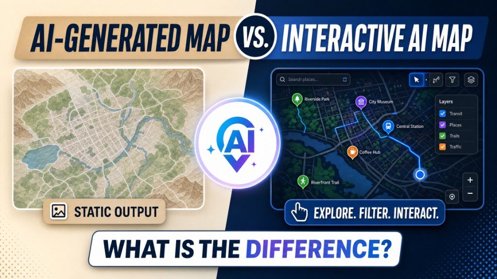 Split comparison of a static AI-generated map image and an interactive AI map with search, layers, pins, and controls.