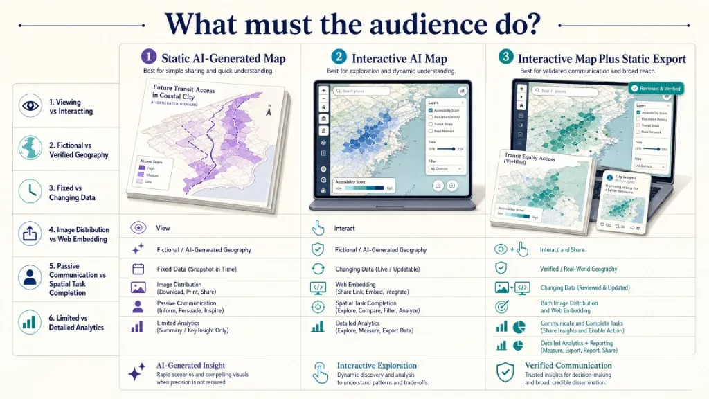 Format decision matrix comparing a static AI-generated map, an interactive AI map, and an interactive map plus static export across viewing, geography, data freshness, distribution, tasks, and analytics.
