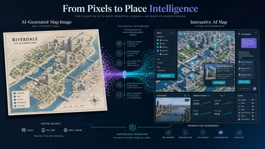 From pixels to place intelligence: a static AI-generated map image connected through a spatial-data bridge to an interactive AI map with filters, layers, chat, and analytics.