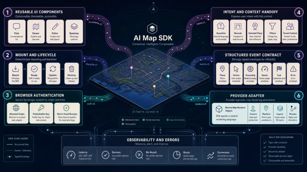 AI map SDK layer stack covering reusable UI components, mount and lifecycle, browser authentication, intent and context handoff, structured event contracts, provider adapters, and observability metrics.