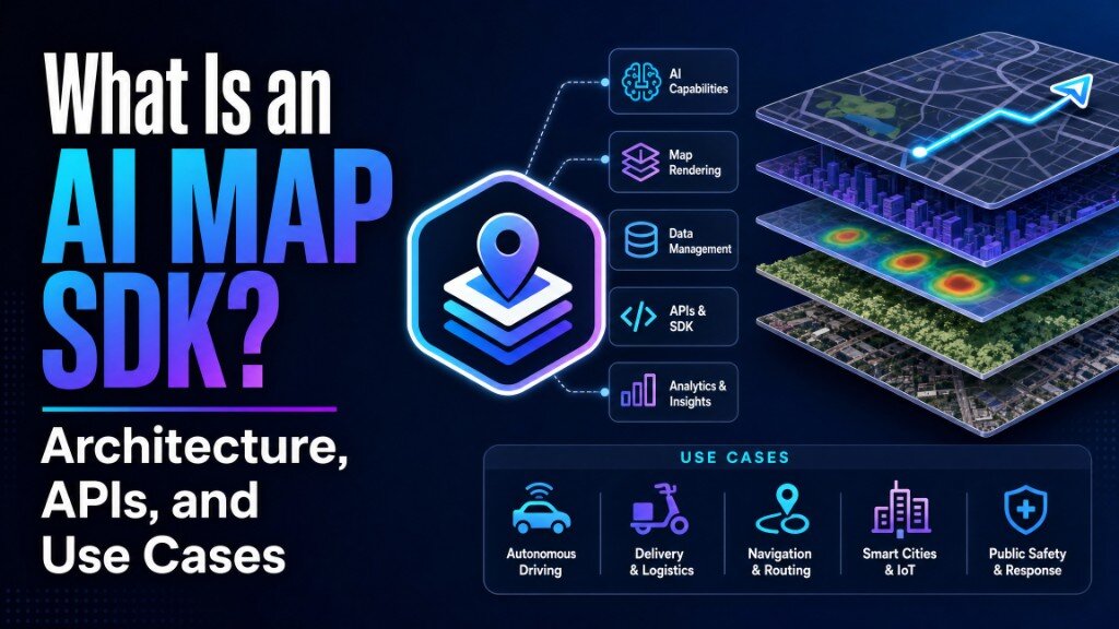 What Is an AI Map SDK? Architecture, APIs, and Use Cases — layered map stack with AI, rendering, data, APIs, and analytics.
