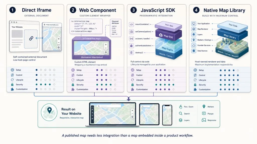 Embed method decision architecture comparing direct iframe, web component, JavaScript SDK, and native map library on setup, control, lifecycle, customization, and security.