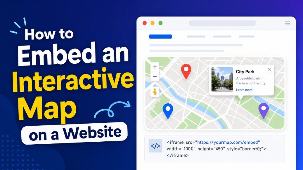 How to Embed an Interactive Map on a Website — browser mockup with map pins, info card, and an iframe embed code snippet.