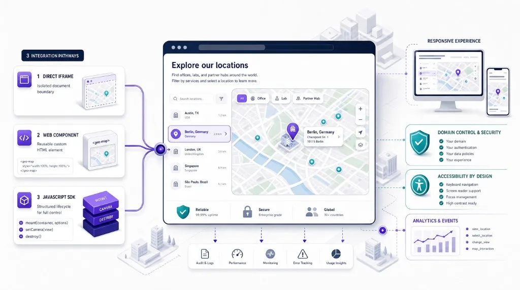 Three integration pathways—direct iframe, web component, and JavaScript SDK—converging into one responsive interactive map experience with domain control, accessibility, and analytics.