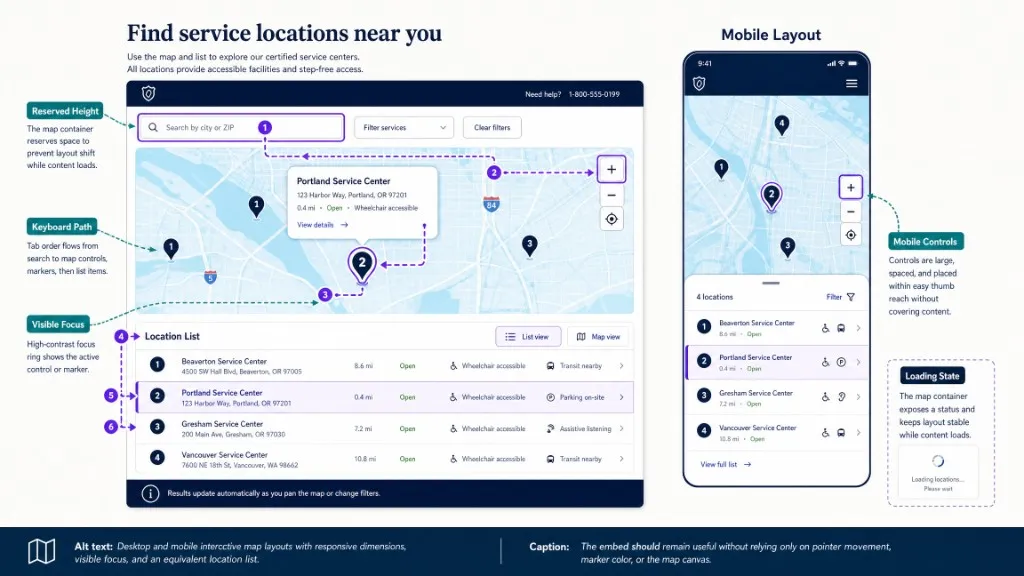 Desktop and mobile interactive map layouts with reserved height, visible focus rings, keyboard path through search and markers, and an equivalent location list.