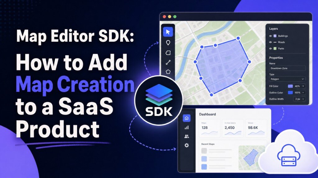 Map Editor SDK: How to Add Map Creation to a SaaS Product — editor UI, product analytics shell, and SDK icon on a dark gradient.