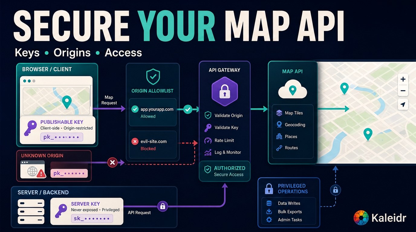 Secure map API architecture separating a browser publishable key and origin-bound session from a backend server key and private data.