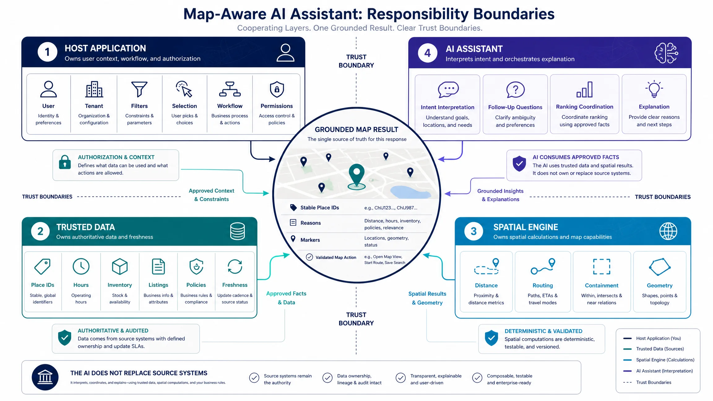 Responsibility boundaries showing the host application, trusted place data, spatial engine, and AI assistant cooperating to produce one grounded map result.
