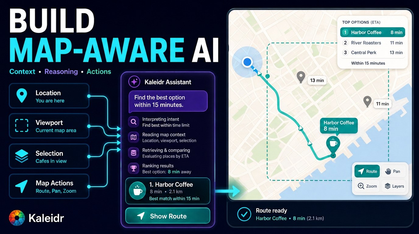 A map-aware AI assistant using shared map state, trusted location data, and spatial tools to return a grounded answer and synchronized map action.