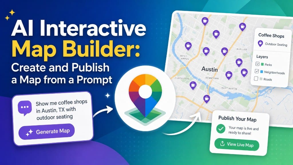 AI Interactive Map Builder: Create and Publish a Map from a Prompt, showing a prompt card, Kaleidr emblem, Austin map, and publish controls.
