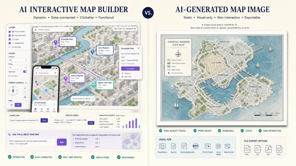 Comparison between a functional interactive map with data and user actions and a static AI-generated map image.