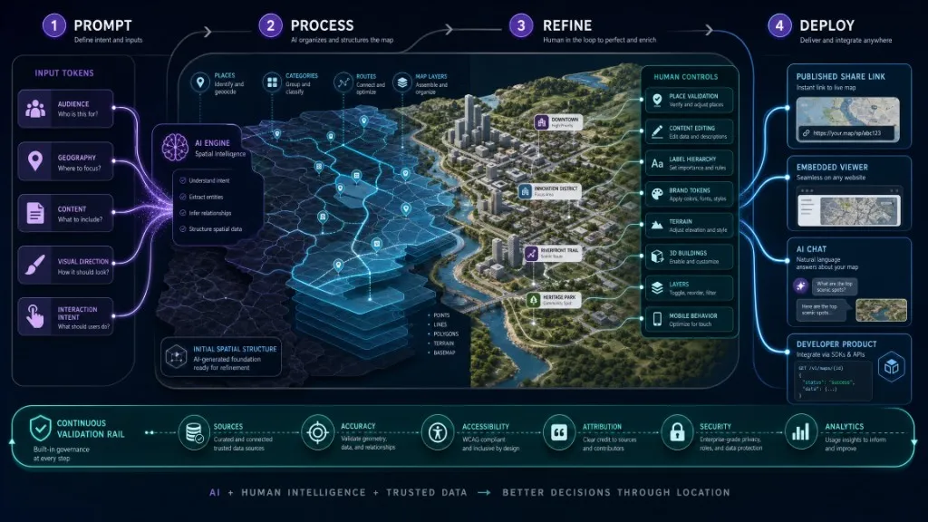 One map evolving through prompt, AI processing, human refinement, validation, and deployment.