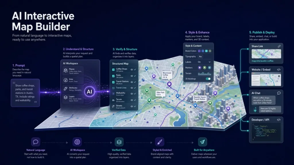 A written map prompt transforming into an interactive map with layers, brand styling, publishing, embedding, and AI chat.