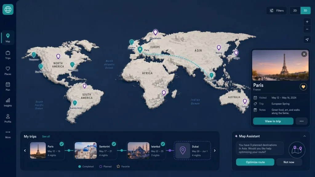 An interactive world travel map with visited and planned city pins, a trip route, a selected place card, and an AI map assistant.