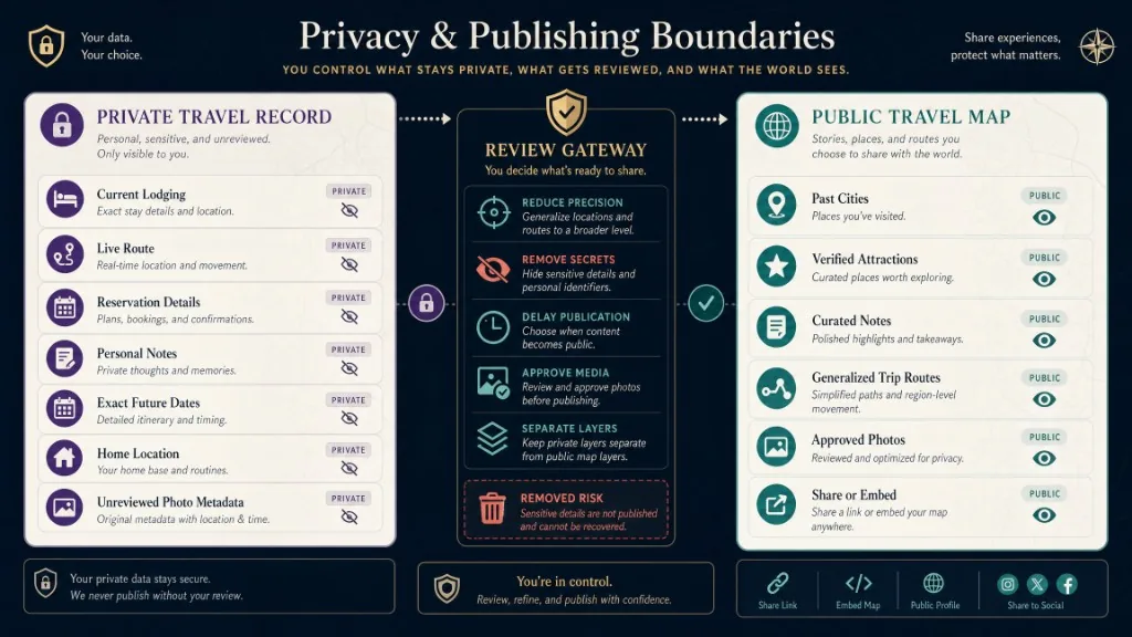 Privacy workflow separating current lodging, live routes, and reservation details from approved past trips and public destination content.