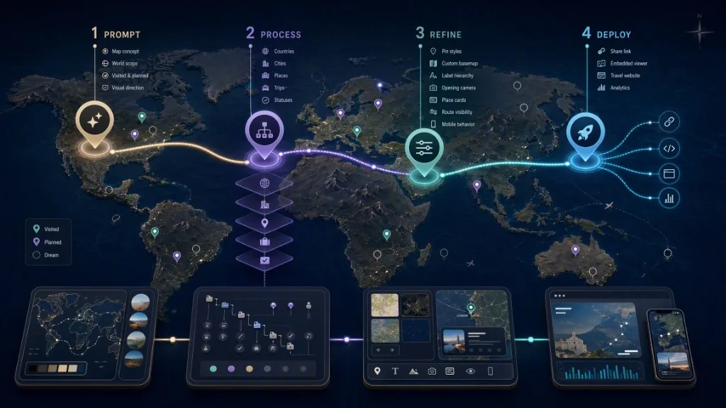 Four-stage workflow showing a travel-map prompt becoming structured places, refined map design, and published or embedded outputs.