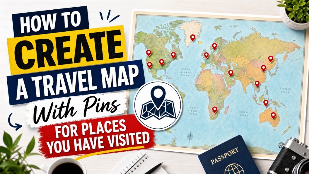 How to create a travel map with pins, with a pinned world map, notebook, passport, and camera on a desk.