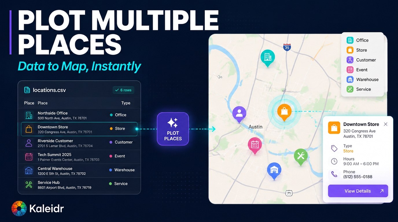 Place names, addresses, and coordinates passing through validation and geocoding into a categorized interactive map with multiple plotted locations.