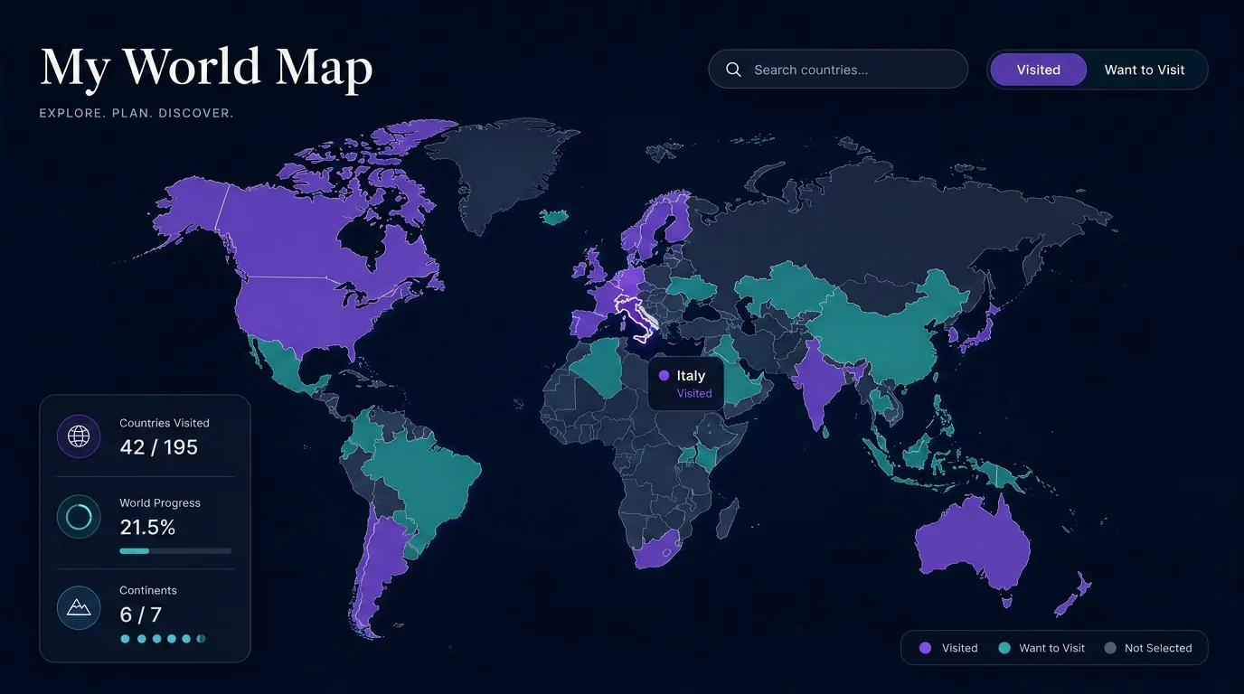 An interactive world map with countries marked as visited or want to visit, plus travel progress statistics and a country search control.