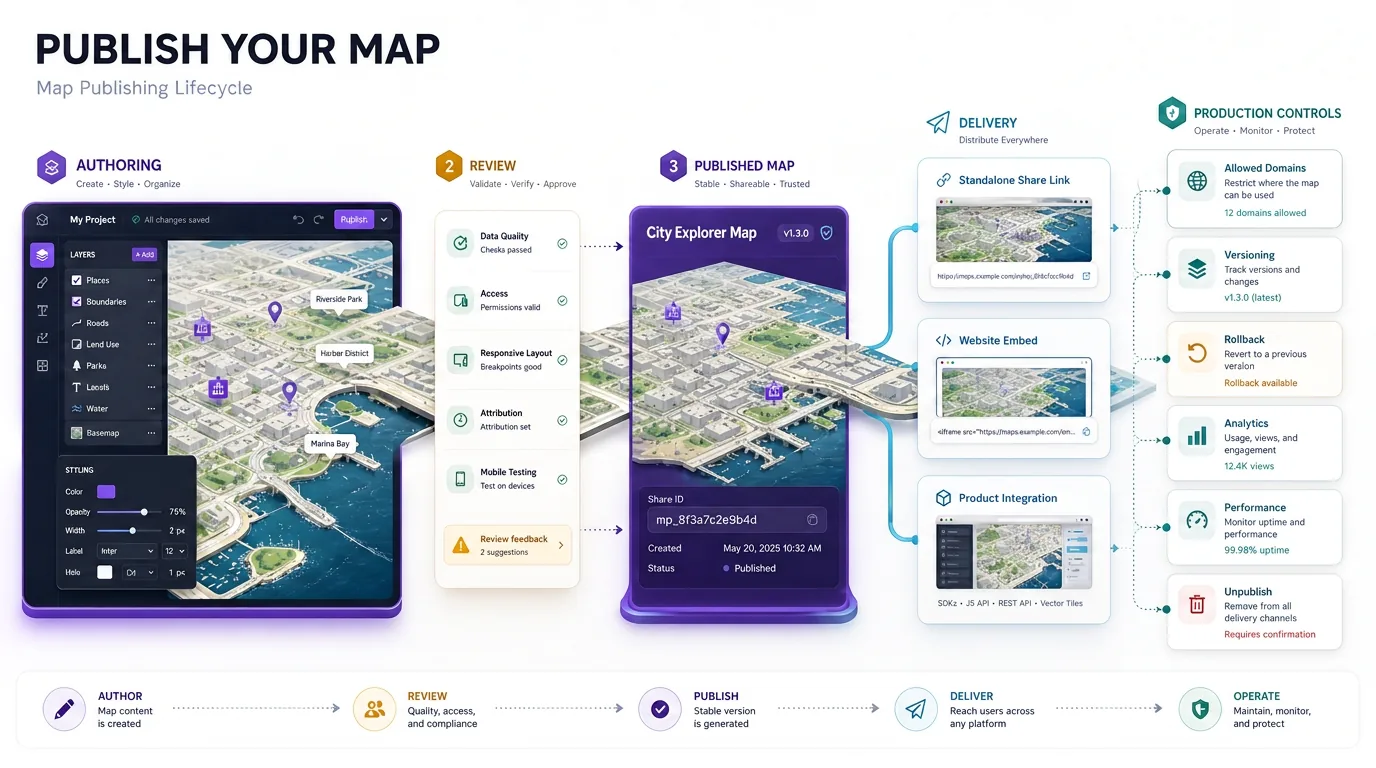 An interactive map moving from authoring through review and publishing into standalone sharing, website embedding, and product integration with production controls.