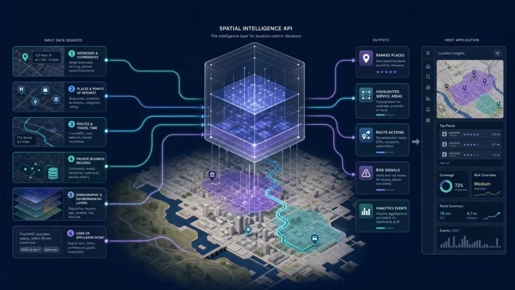 A location intelligence API combining places, routes, business data, spatial context, and user intent into ranked results, map actions, and analytics.