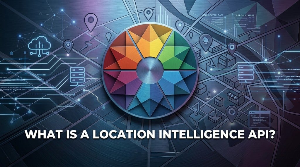 Kaleidr emblem centered over a stylized city map with location pins, titled What Is a Location Intelligence API.