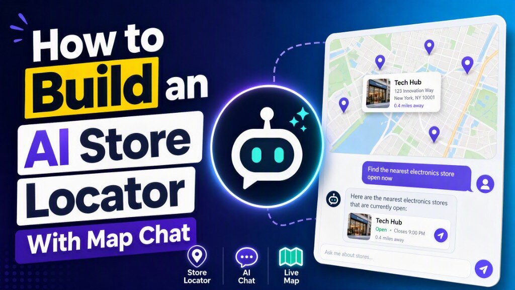 How to Build an AI Store Locator With Map Chat — mobile mockup with live map, store card, and conversational store search.