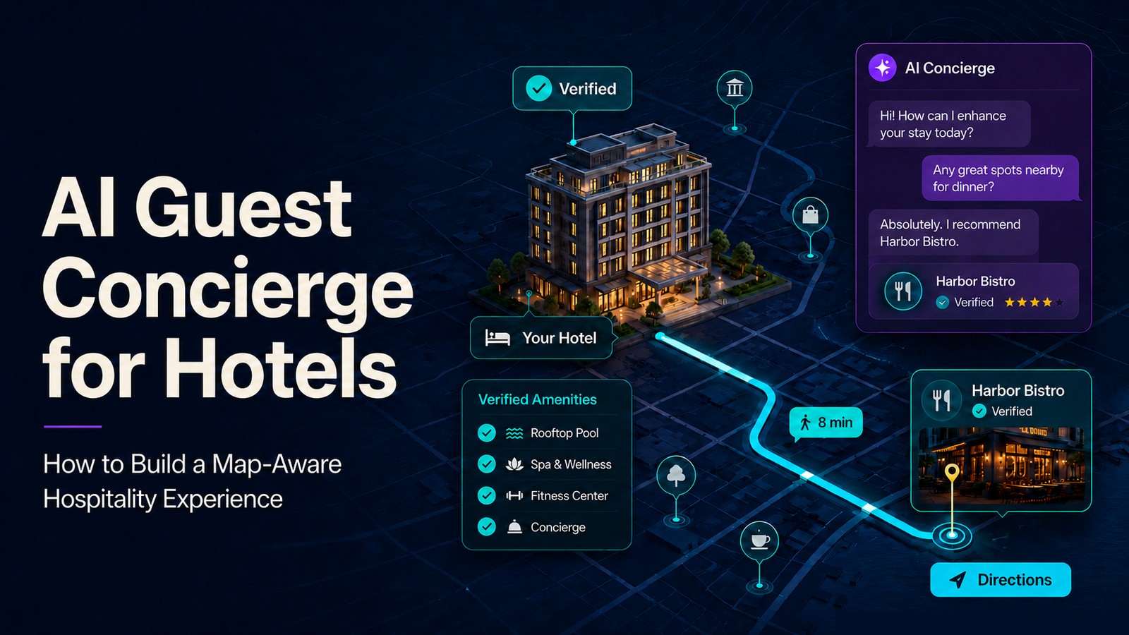 A map-aware hotel AI concierge combines property amenities, approved nearby partners, guest intent, and travel context to produce a grounded recommendation and map action.