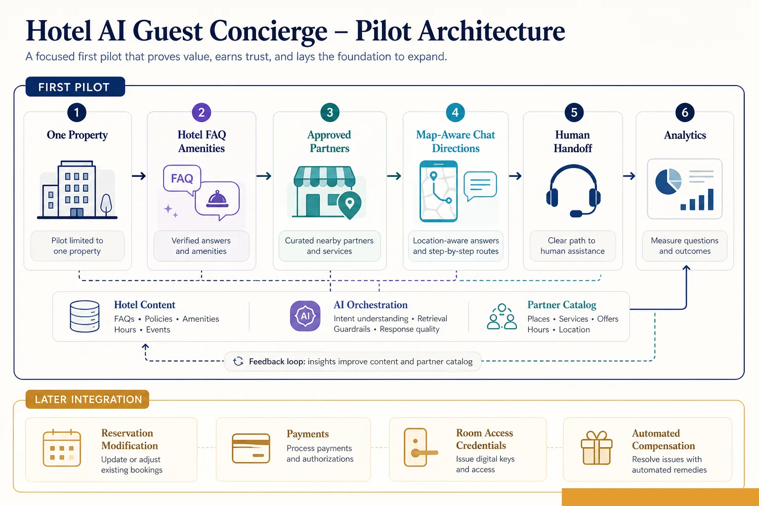 A low-risk hotel AI concierge pilot using one property, verified content, approved nearby recommendations, map-aware chat, directions, human handoff, and analytics before sensitive integrations.