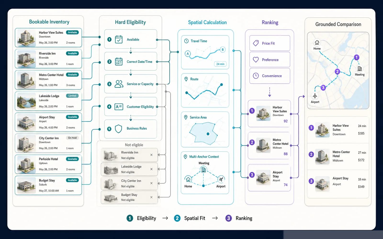 Bookable inventory passes through availability and eligibility checks before spatial calculation and ranking produce the customer-facing comparison.