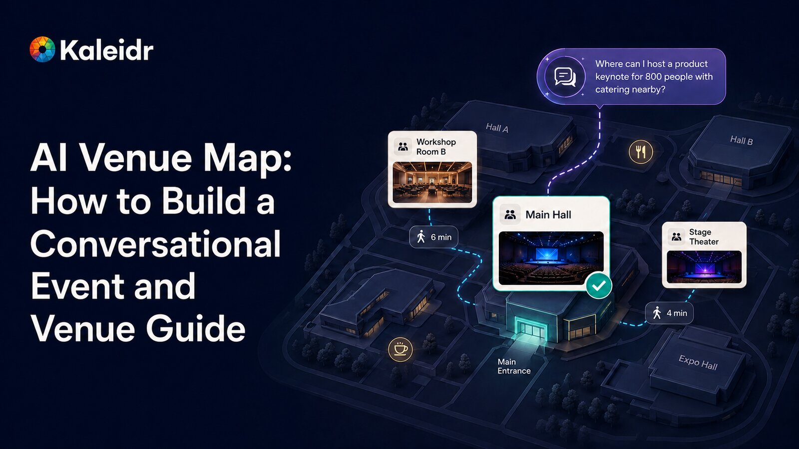 A conversational venue map combines visitor context, venue geometry, schedules, exhibitors, and access rules to highlight the correct destination on an interactive map.