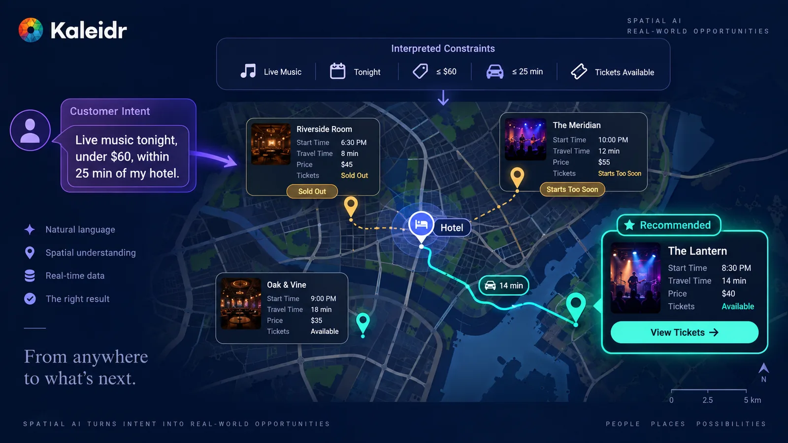 Spatial AI filtre les événements en direct par heure, prix, temps de trajet et disponibilité des billets avant de recommander un événement sur une carte.