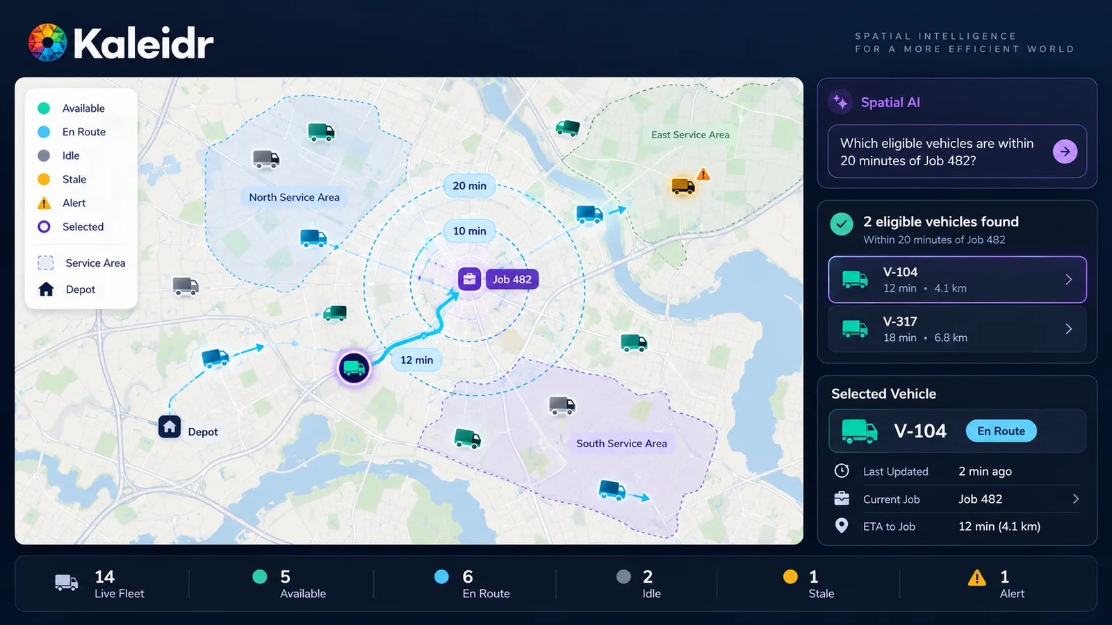 Eine Live-Flottenkarte zeigt den aktuellen Fahrzeugstatus, die Datenaktualität, Servicegebiete und eine Spatial-AI-Abfrage, die geeignete Fahrzeuge mit höchstens 20 Minuten Fahrzeit zum Kundenauftrag identifiziert.