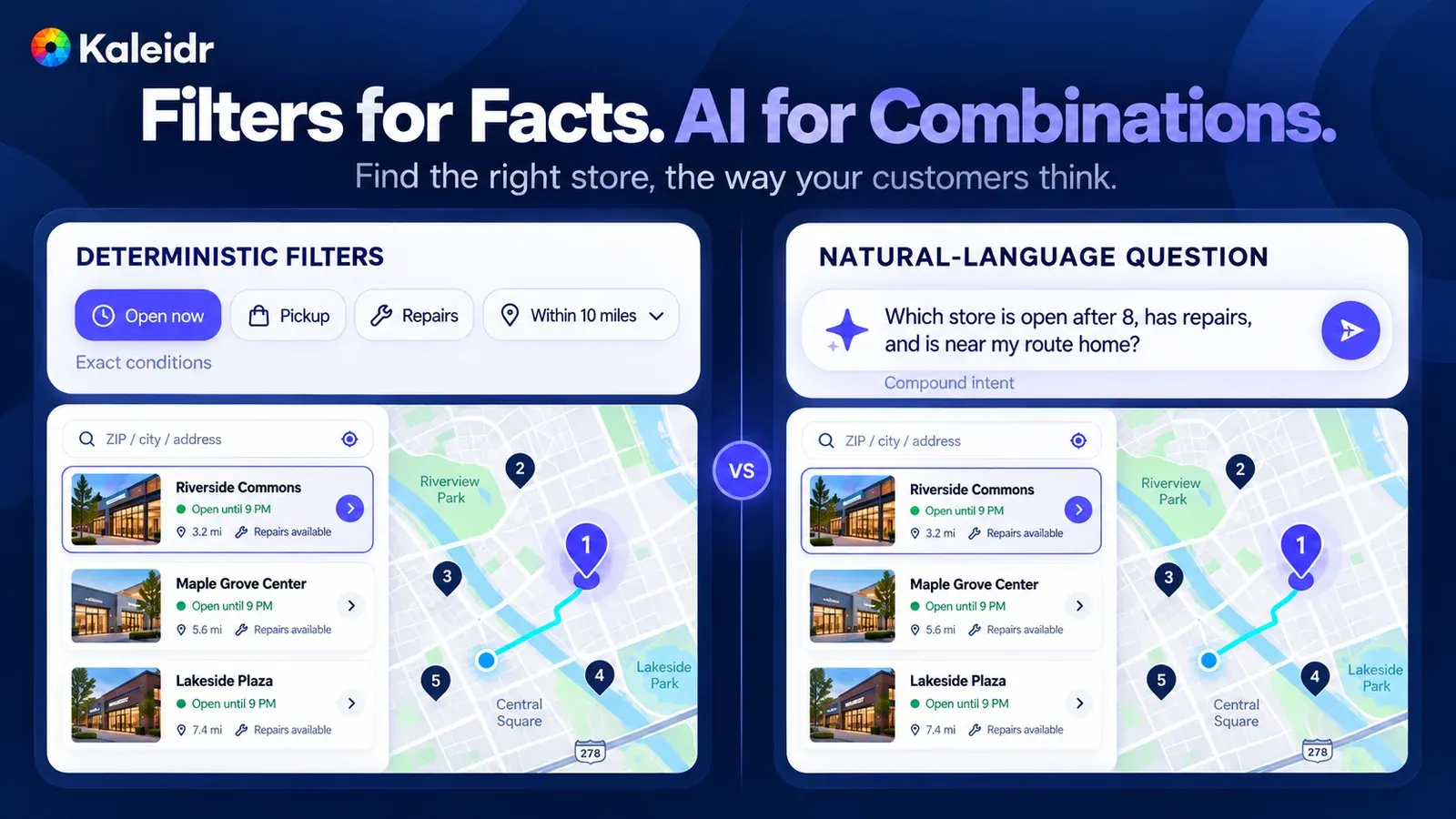 Deterministic store filters beside a compound natural-language question, both shown over the same sample store list and map.
