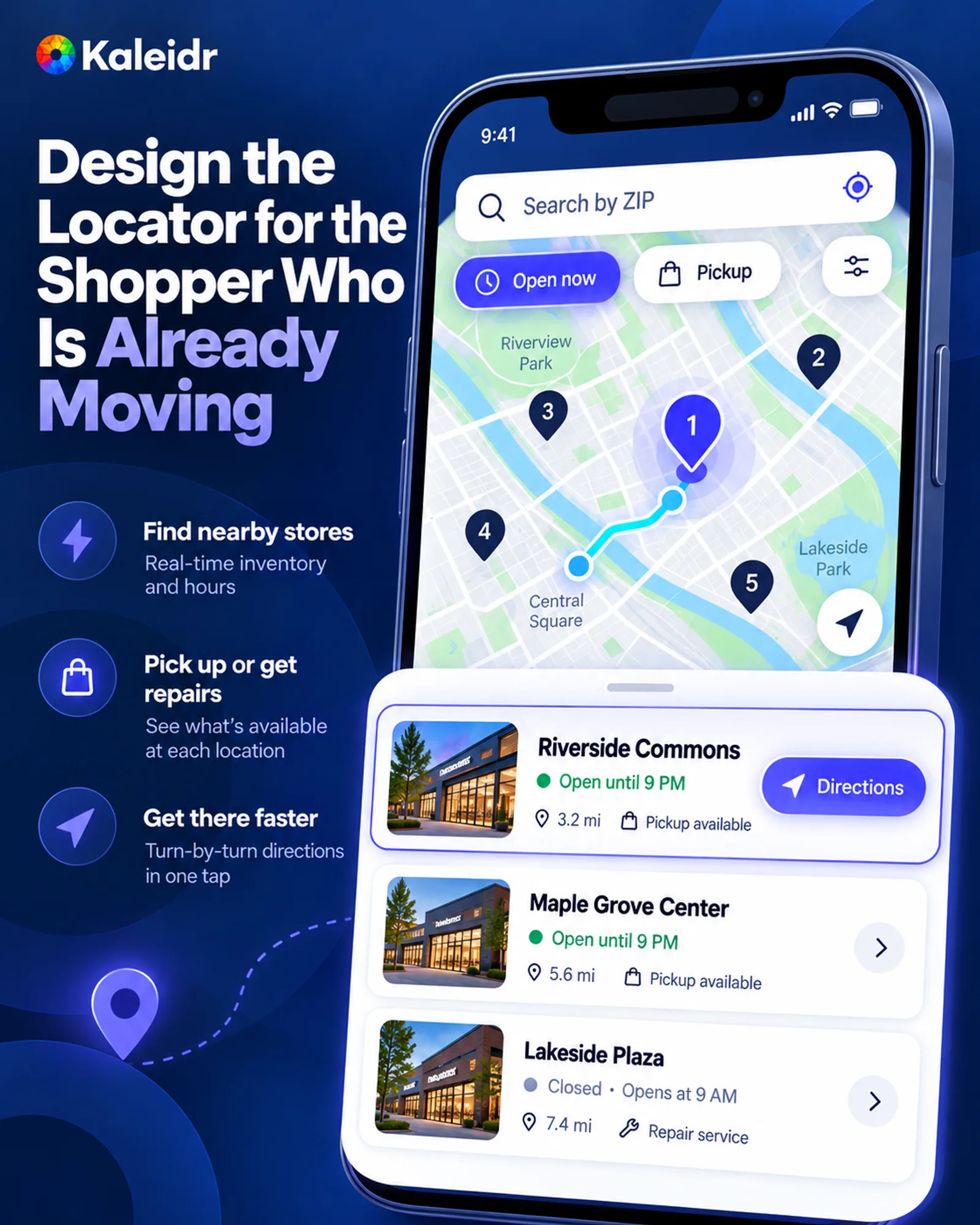 A phone store locator with ZIP search, open-now and pickup filters, a route, and a bottom sheet of store cards.